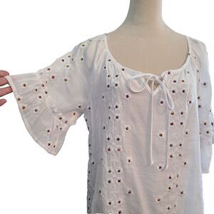 Parallel Skies Womens XL White Embroidered Flutter Sleeve Floral Top Cottagecore